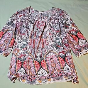 CATO Woman Pinks & Greens Paisley Floral Print 3/4 Sleeve Peasant Blouse 18/20W